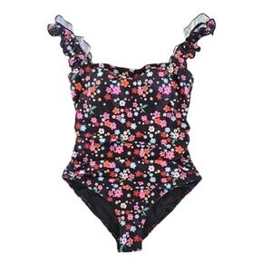 EOMENIE Floral One Piece Swimsuit Black Multi Ruffle Strap Ruched Size Medium